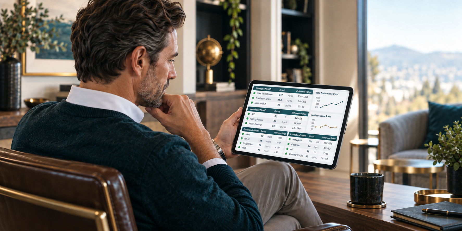 Man reviewing his advanced lab results on a tablet